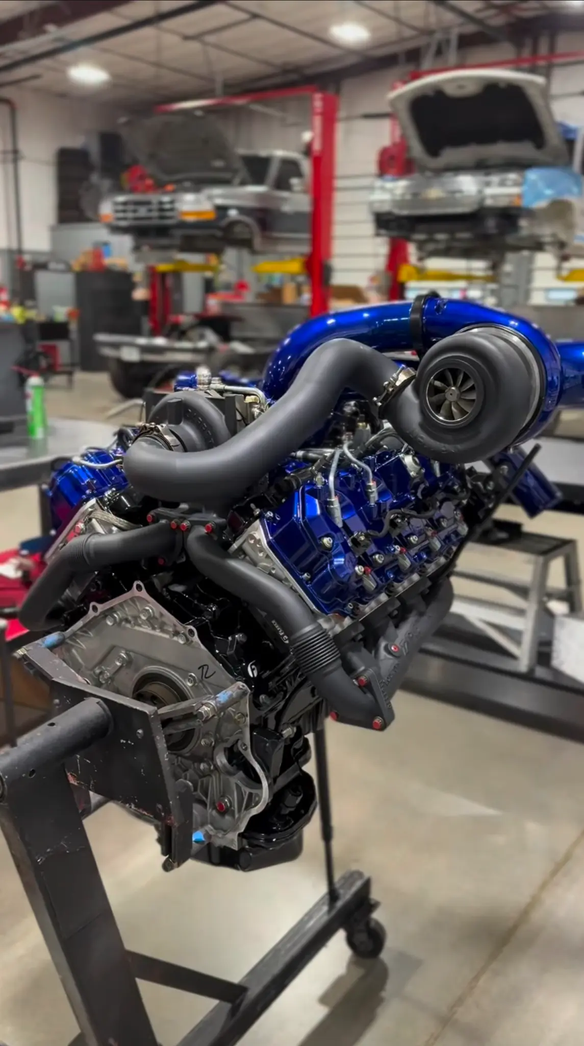 Blue custom diesel engine with a large turbo system