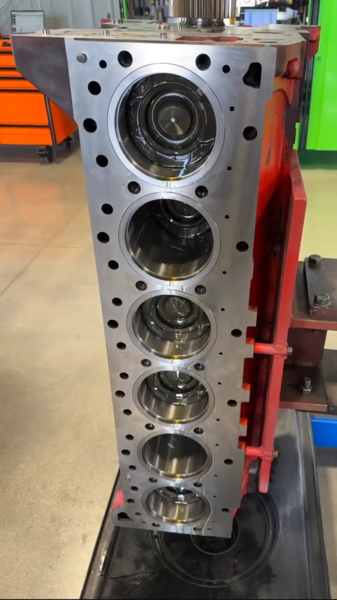 Machined six-cylinder diesel engine block