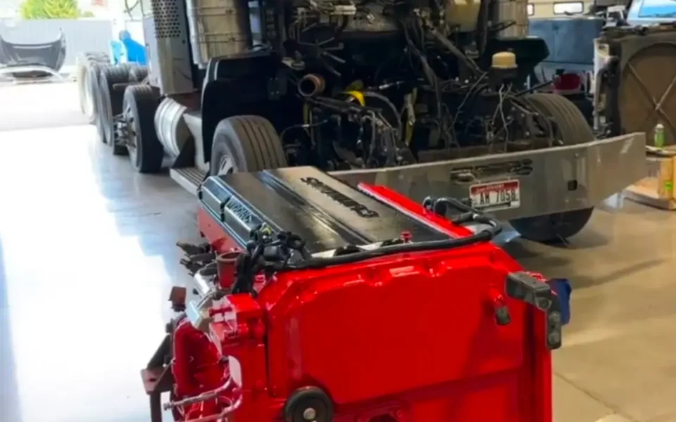 Fresh red diesel engine positioned near a semi truck